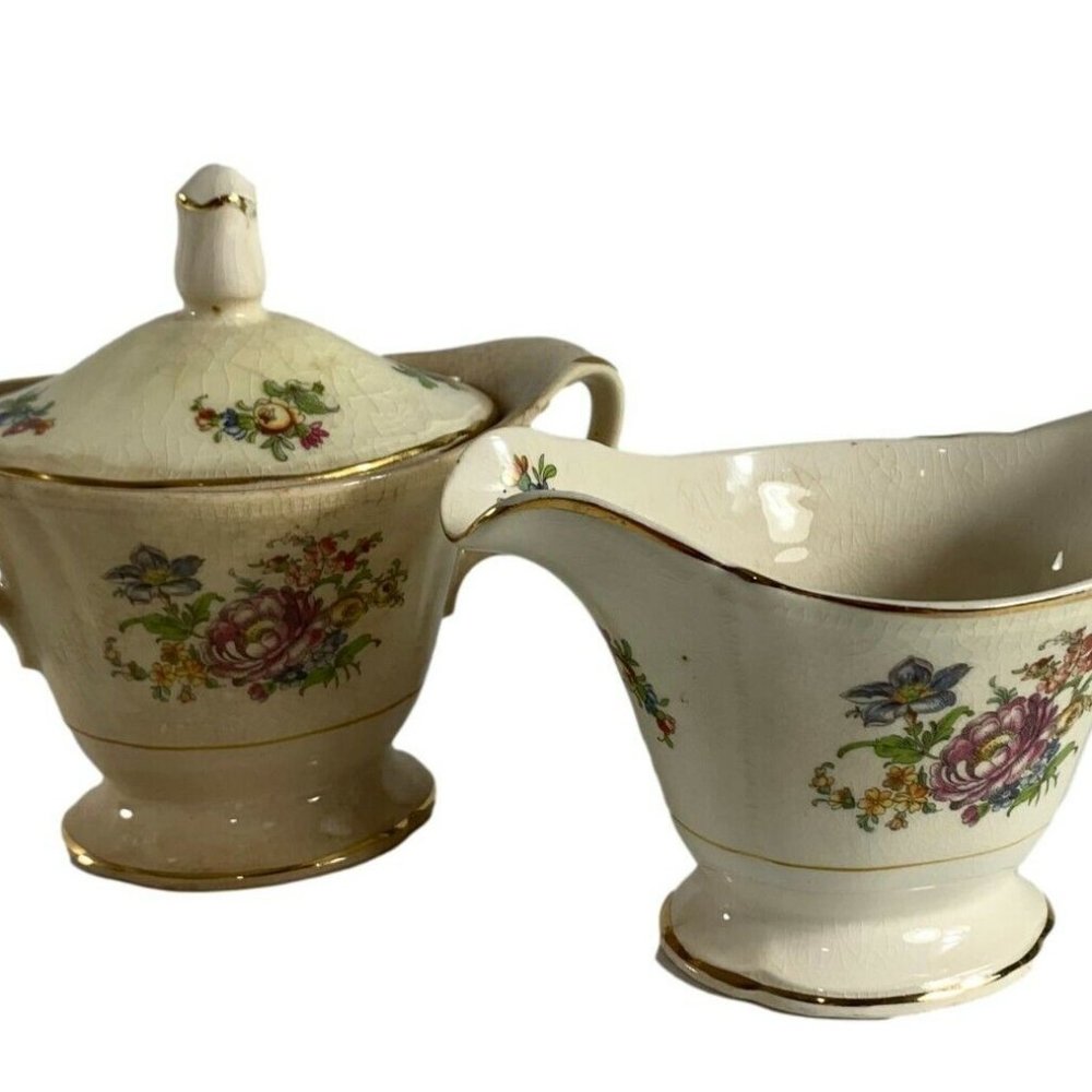 Antique Vintage Unbranded Sugar Bowl w Lid Creamer Pink Blue Floral Gold Trim